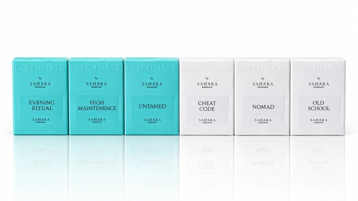 The six Essentials by Sahara Essence boxes: three turquoise for her, three white for him